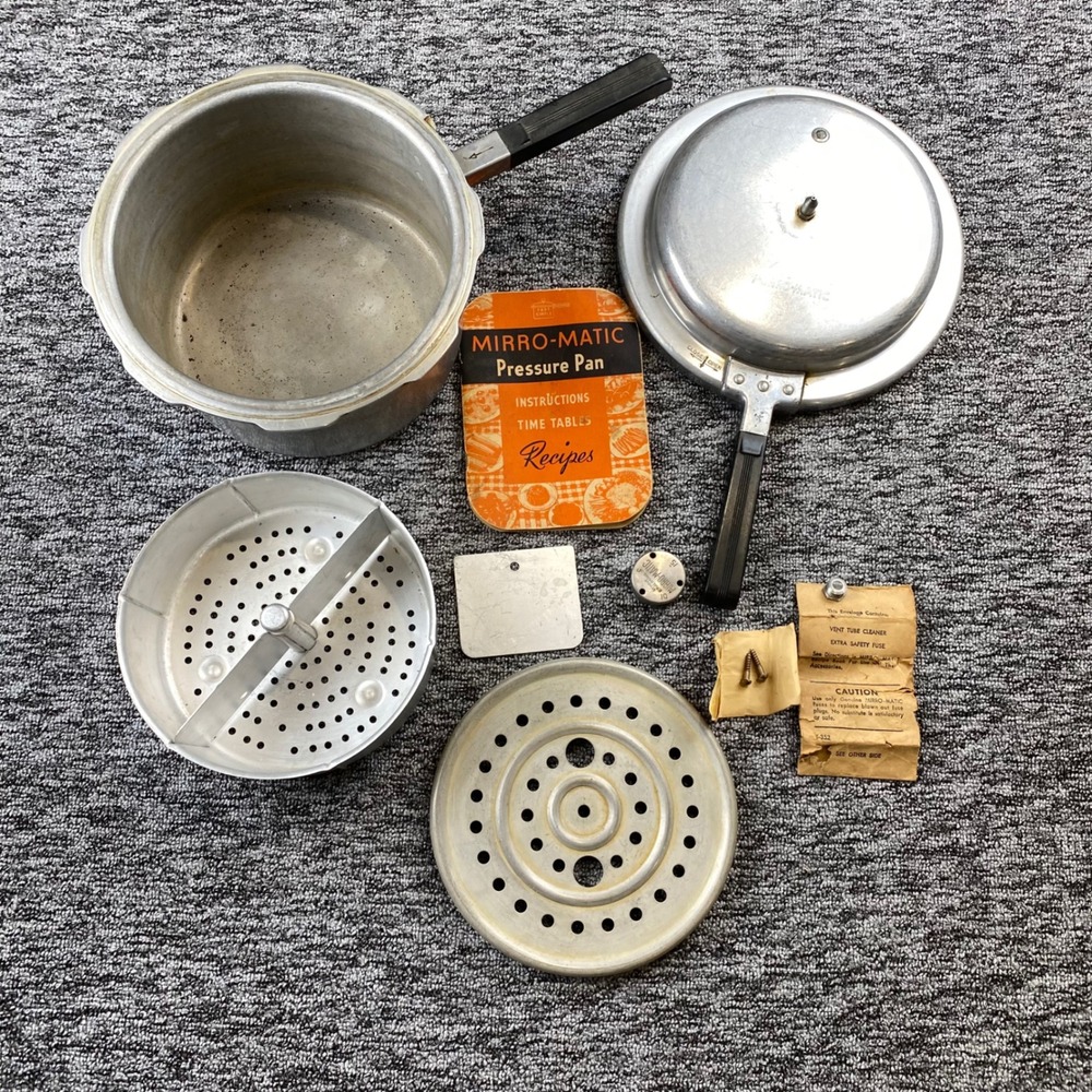 Vintage Mirro-Matic 4 Qt Pressure Pan 394M Aluminum Cooker with Steamer & Manual